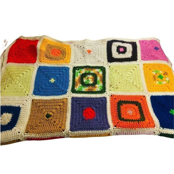 Retro VTG cream handmade knit crotchet blanket throw afghan blanket 50"x92" - Picture 1 of 7